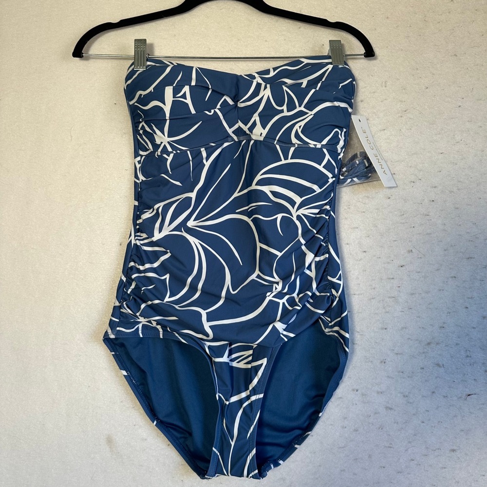 Anne Cole Blue White Floral Bandeau One Piece Swimsuit Ruched Size 10 NEW
